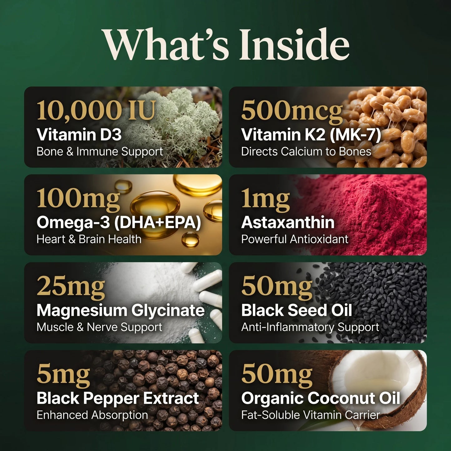 Puretrex D3 K2 key ingredients and doses including 10000 IU D3 500mcg K2 MK7 omega-3 magnesium astaxanthin