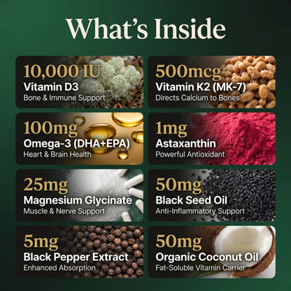 Puretrex D3 K2 key ingredients and doses including 10000 IU D3 500mcg K2 MK7 omega-3 magnesium astaxanthin