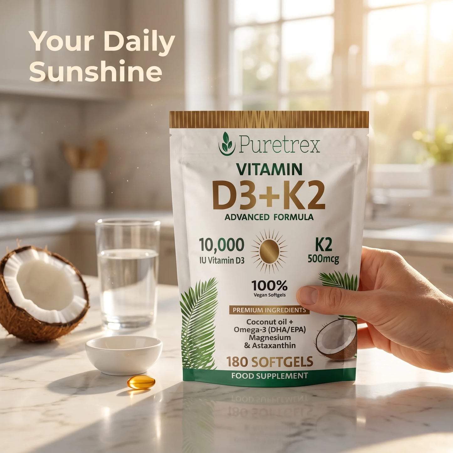 Hand holding Puretrex Vitamin D3 K2 pouch in morning kitchen setting with coconut and water glass