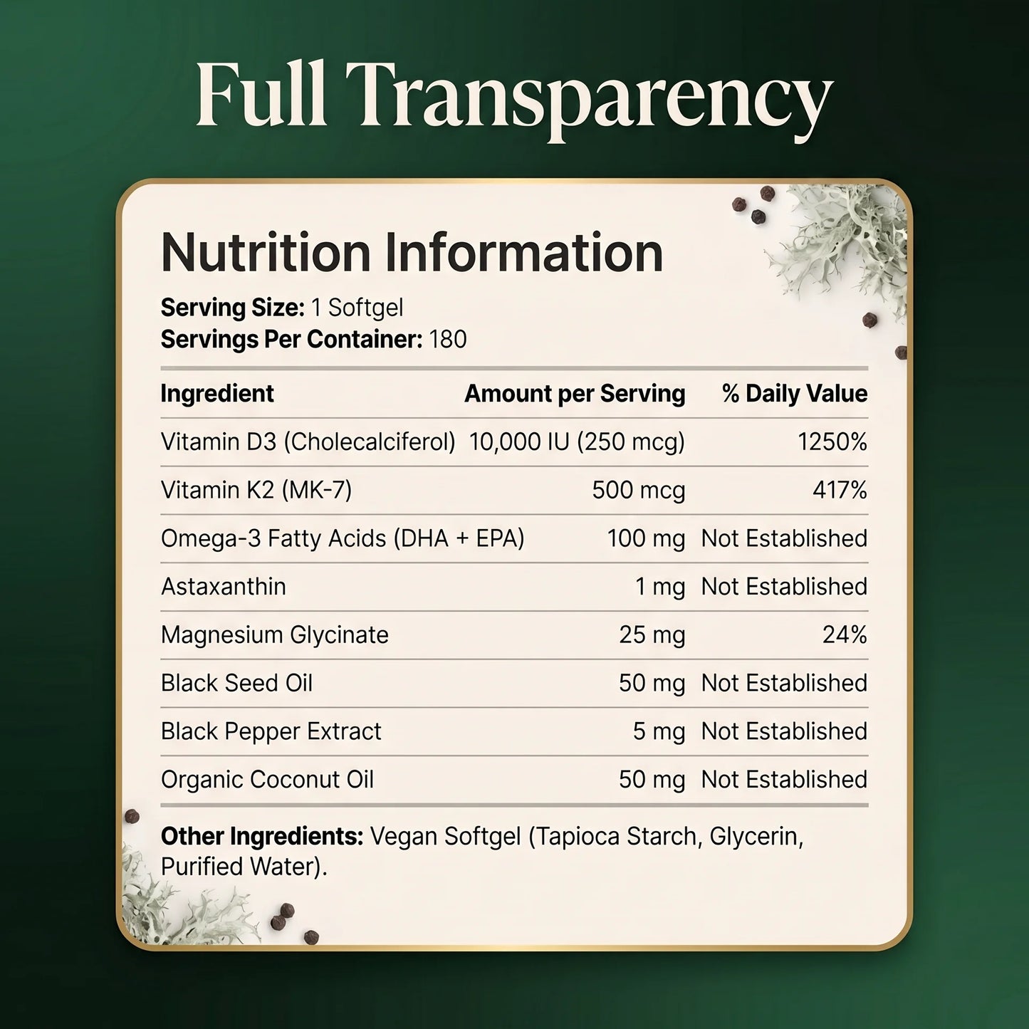 Puretrex Vitamin D3 K2 supplement facts panel showing full ingredient doses and daily values per softgel