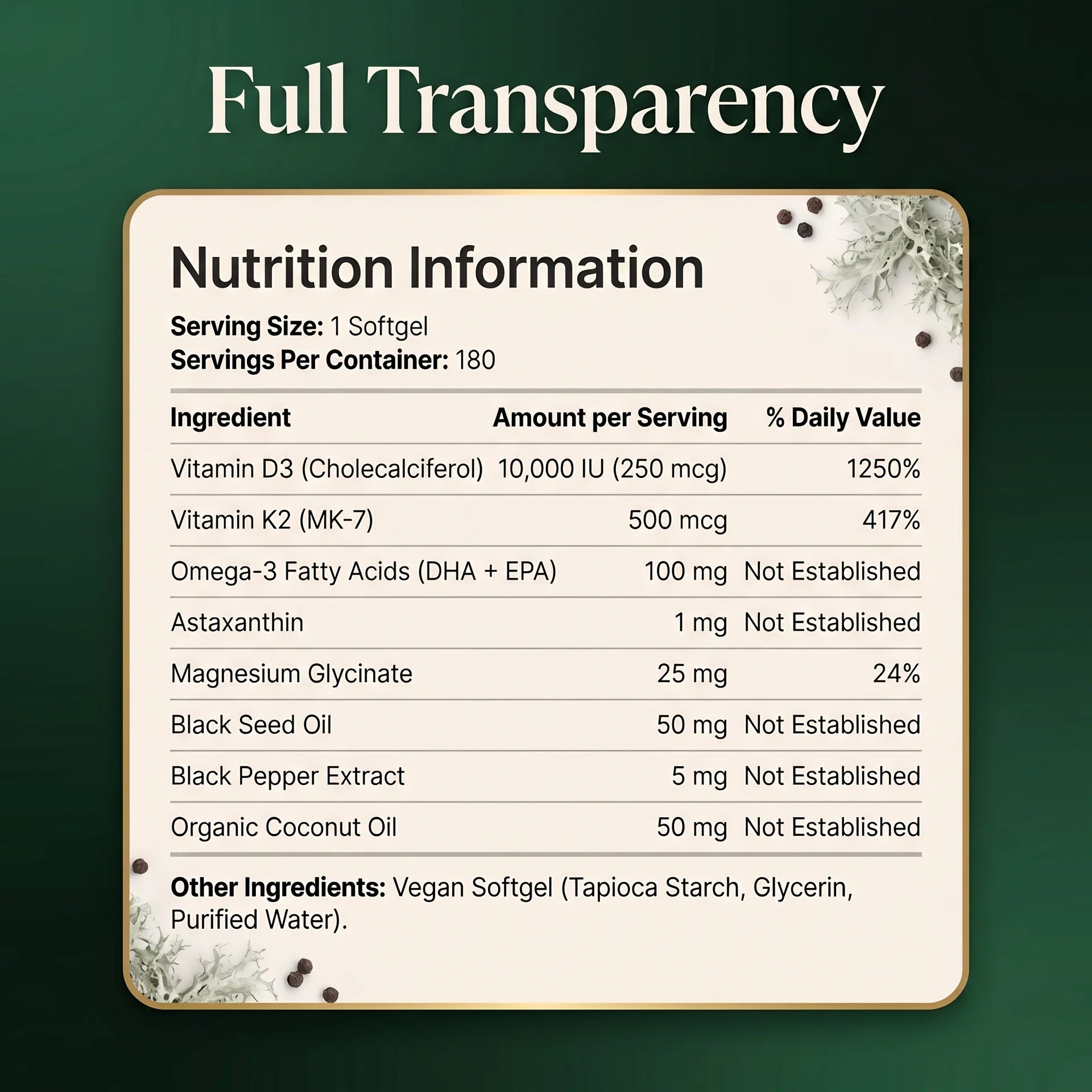 Puretrex Vitamin D3 K2 supplement facts panel showing full ingredient doses and daily values per softgel