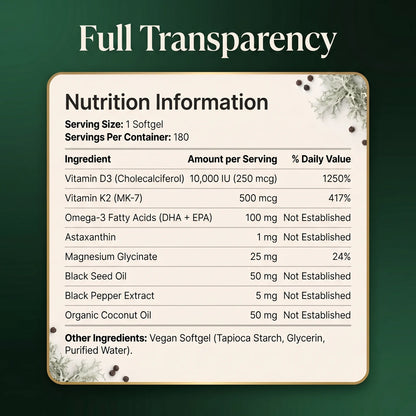 Puretrex Vitamin D3 K2 supplement facts panel showing full ingredient doses and daily values per softgel