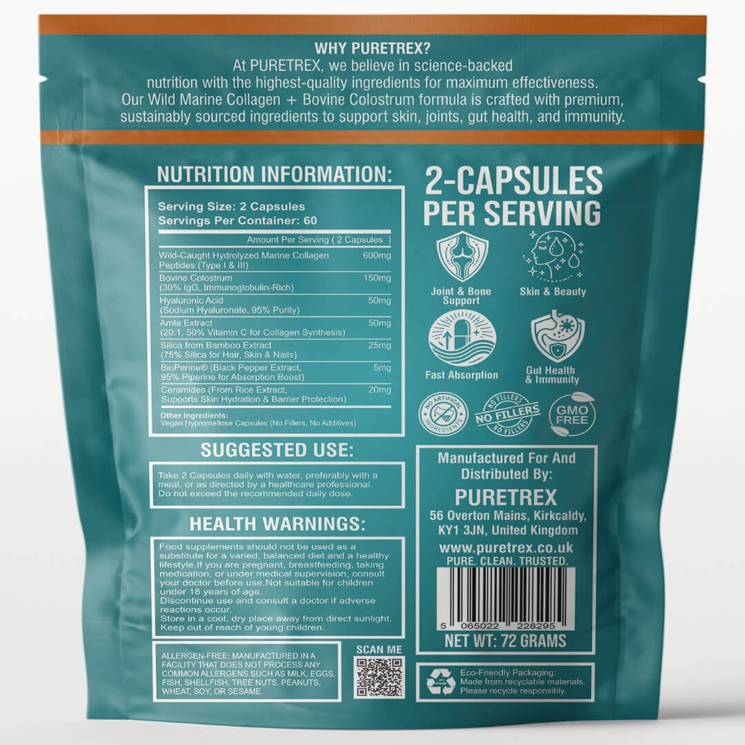 Back label of PURETREX Wild Marine Collagen plus Bovine Colostrum pouch showing full nutrition information per 2 capsule serving, suggested use directions, health warnings, quality icons and UK manufacturer details on teal packaging
