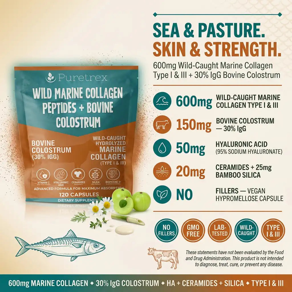 Sea and Pasture ingredient breakdown infographic for PURETREX Wild Marine Collagen plus Bovine Colostrum showing per-serving amounts - 600mg wild-caught marine collagen type 1 and 3, 150mg bovine colostrum 30 percent IgG, 50mg hyaluronic acid, 20mg vitamin C from elderberry, no fillers, vegan capsule shell with no additives