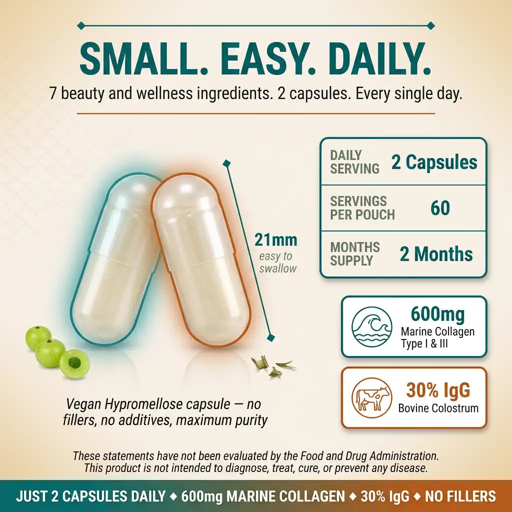 Small Easy Daily infographic for PURETREX Wild Marine Collagen plus Bovine Colostrum showing actual 21mm capsule size, 2 capsules daily serving, 60 servings per pouch, 2 months supply, 7 beauty and wellness ingredients in one clean formula with no additives

