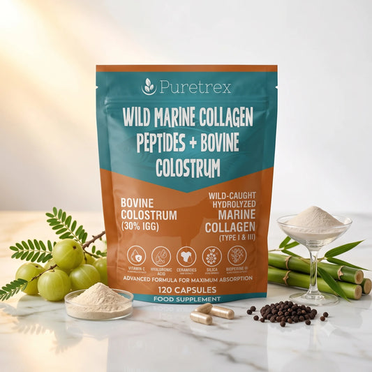PURETREX Wild Marine Collagen Peptides plus Bovine Colostrum food supplement front pouch with 120 capsules, teal and copper premium packaging shown on a white marble surface with collagen powder, green botanicals and black peppercorns, bovine colostrum 30 percent IgG and wild-caught hydrolysed marine collagen type 1 and 3, advanced formula for maximum absorption