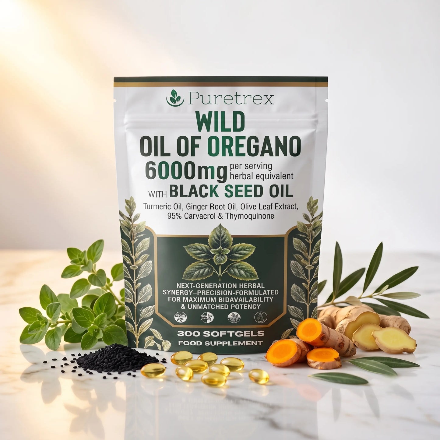 PURETREX Wild Oil of Oregano 6000mg per serving herbal equivalent with Black Seed Oil food supplement front pouch, 300 softgels, dark green premium packaging on a white marble surface with fresh oregano, ginger root, turmeric, olive leaves and black seeds, formula with turmeric oil, ginger root oil, olive leaf extract, 95 percent carvacrol and thymoquinone