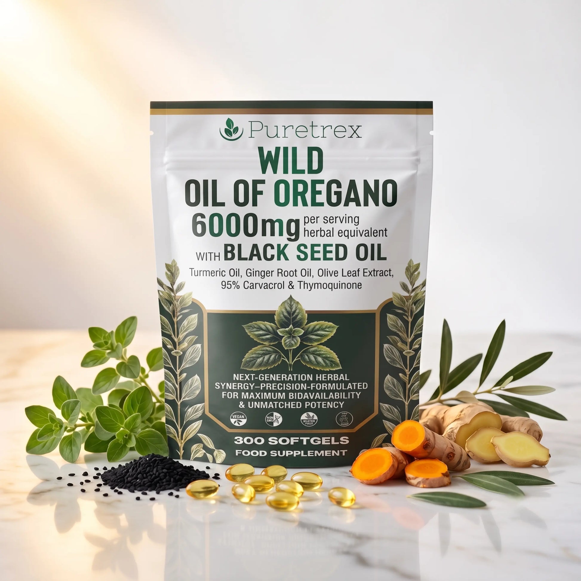 PURETREX Wild Oil of Oregano 6000mg per serving herbal equivalent with Black Seed Oil food supplement front pouch, 300 softgels, dark green premium packaging on a white marble surface with fresh oregano, ginger root, turmeric, olive leaves and black seeds, formula with turmeric oil, ginger root oil, olive leaf extract, 95 percent carvacrol and thymoquinone