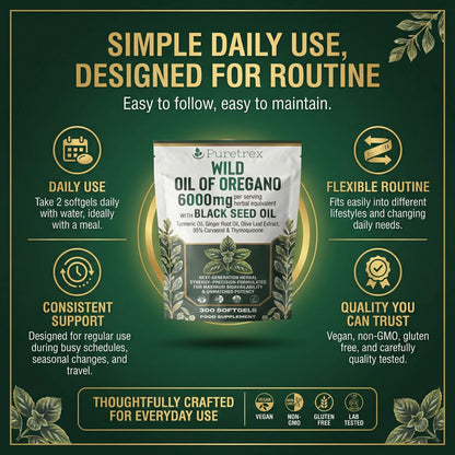 PURETREX Wild Oil of Oregano 6000mg – simple daily use, 2 softgels daily with a meal, vegan, non-GMO, gluten-free, lab tested