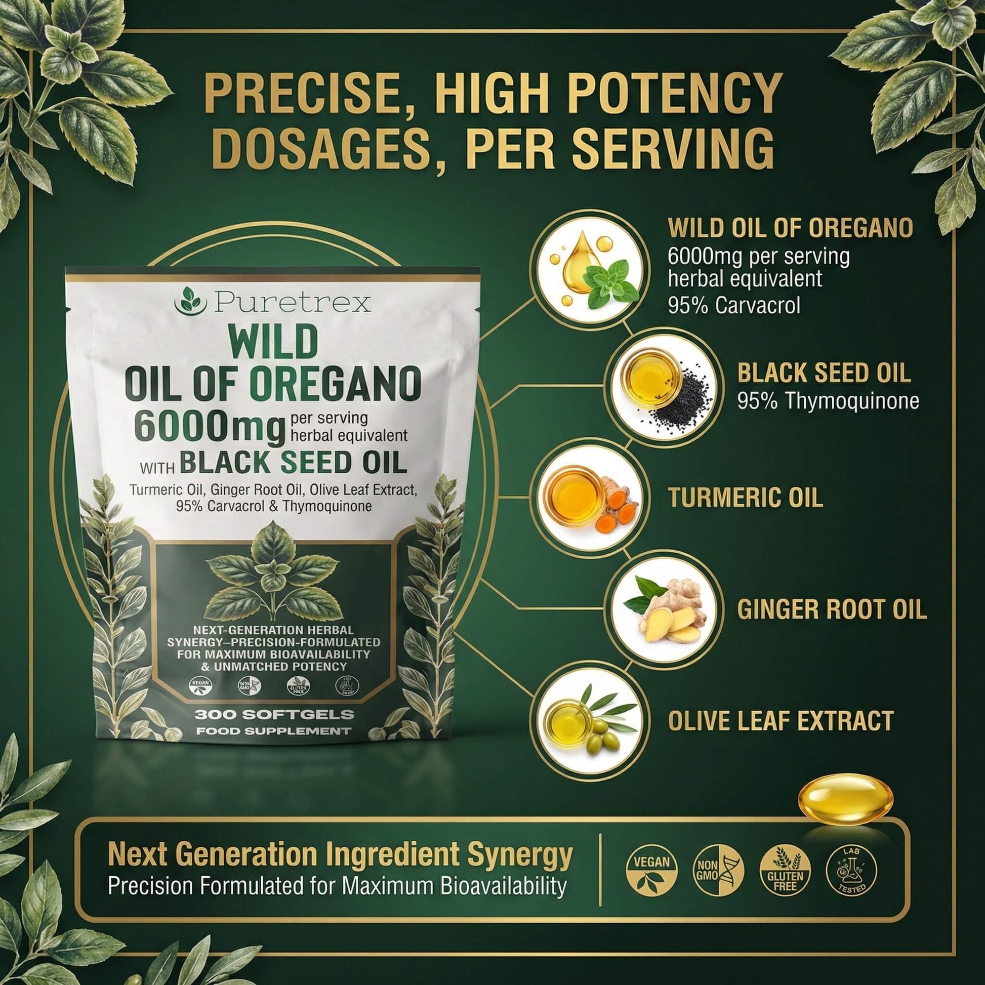 PURETREX Wild Oil of Oregano 6000mg – high potency ingredients including oregano oil, black seed oil, turmeric, ginger root and olive leaf extract