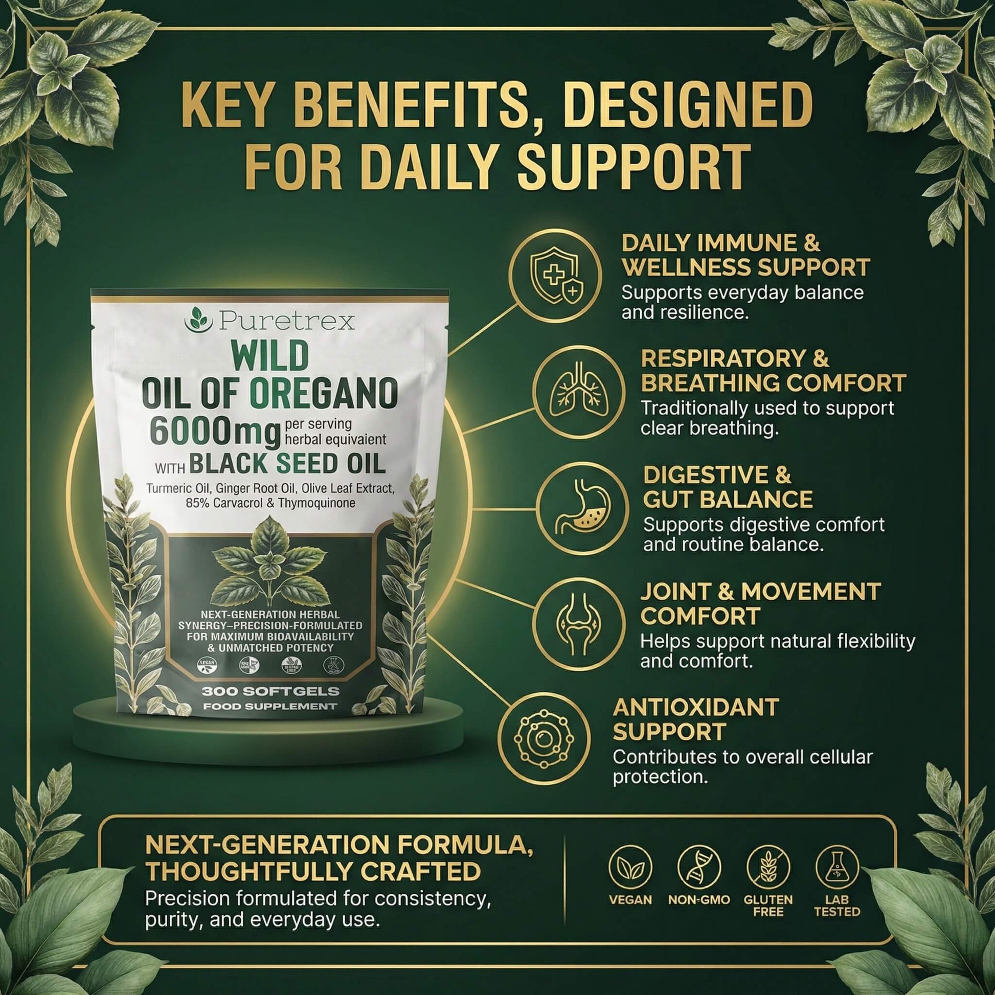 PURETREX Wild Oil of Oregano 6000mg – key benefits including immune support, respiratory comfort, digestive balance, joint comfort and antioxidant support