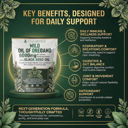 PURETREX Wild Oil of Oregano 6000mg – key benefits including immune support, respiratory comfort, digestive balance, joint comfort and antioxidant support