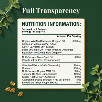 Full Transparency nutrition information panel for PURETREX Wild Oil of Oregano with Black Seed Oil - serving size 2 softgels, 150 servings per bag, showing amount per serving of organic wild Mediterranean oregano oil, cold-pressed black seed oil, olive leaf extract, turmeric oil, ginger root oil, astaxanthin and BioPerine black pepper extract
