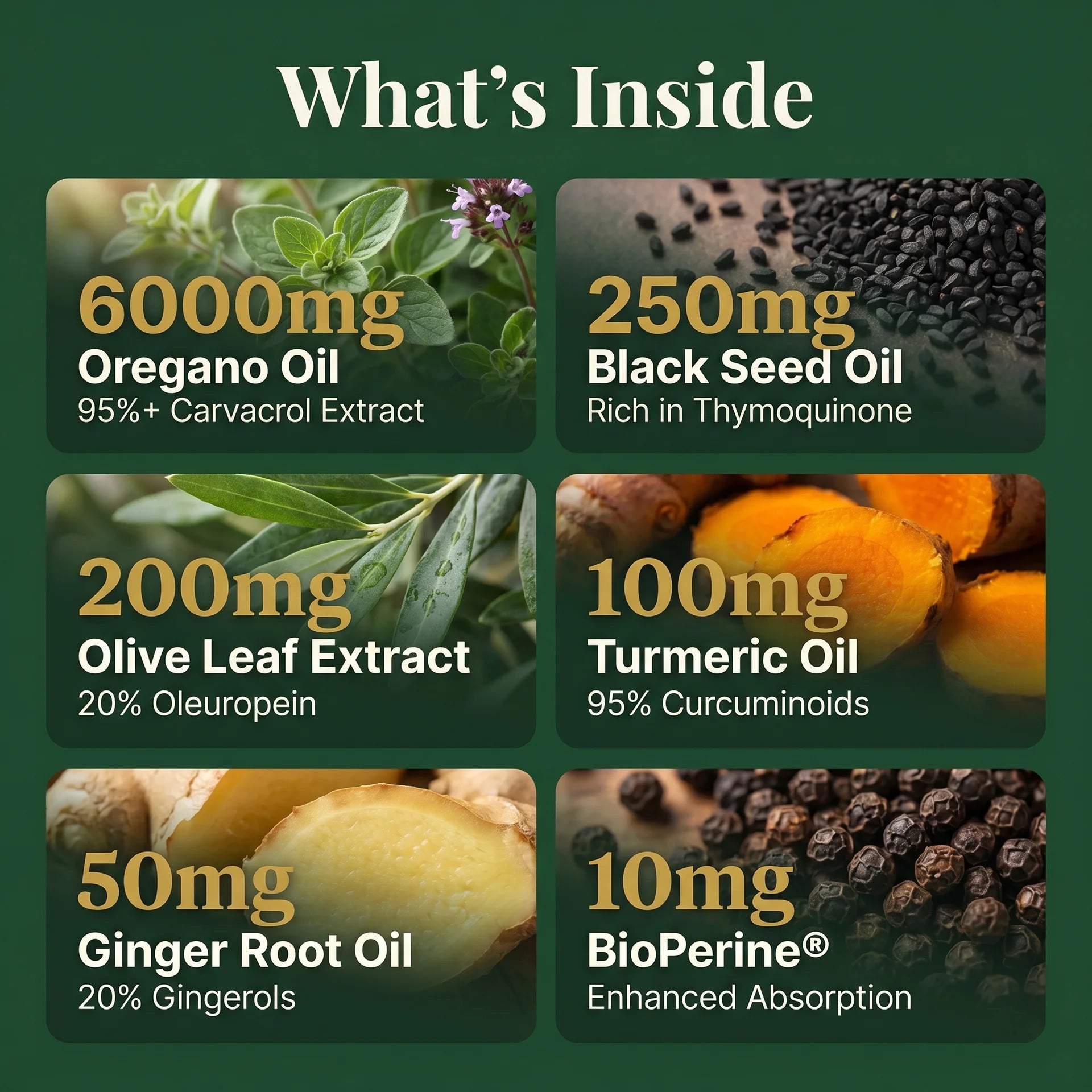 What's Inside ingredient breakdown for PURETREX Wild Oil of Oregano with Black Seed Oil - 6000mg oregano oil 95 percent carvacrol extract, 250mg black seed oil rich in thymoquinone, 200mg olive leaf extract 20 percent oleuropein, 100mg turmeric oil 95 percent curcuminoids, 50mg ginger root oil 20 percent gingerols and 10mg BioPerine