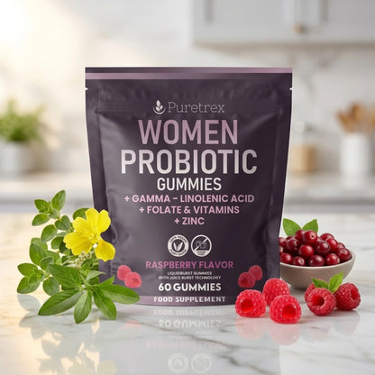 PURETREX Women Probiotic Gummies food supplement front pouch in dark berry-coloured packaging shown on a white marble surface with fresh raspberries, cranberries and botanicals