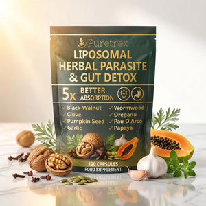 Puretrex Liposomal Herbal Parasite & Gut Detox supplement packaging with ingredients on a reflective surface.