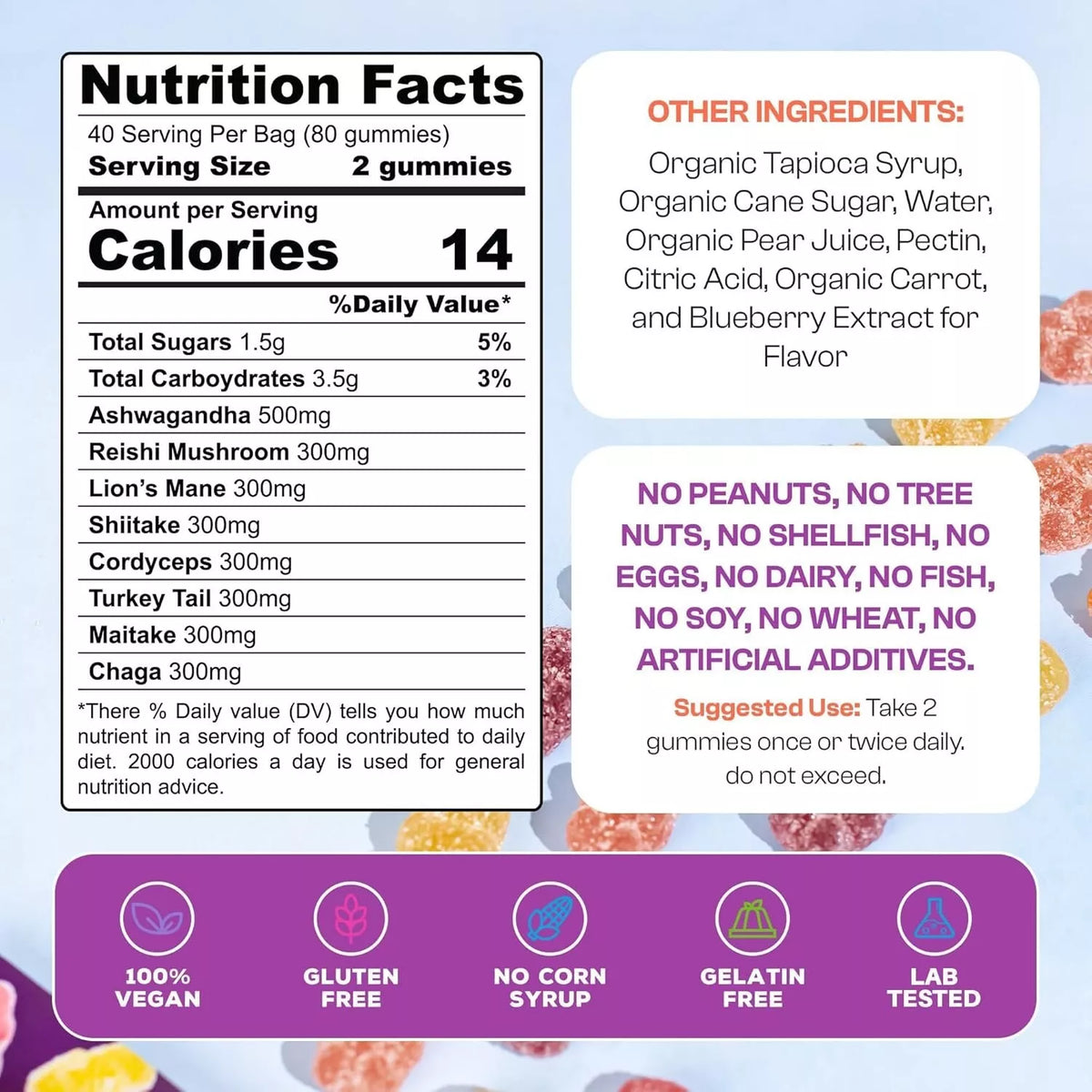 Supplement facts of mushroom gummies with Ashwagandha – 500mg Ashwagandha, 300mg Lion’s Mane, Reishi, Chaga, Cordyceps, Shiitake, Maitake, Turkey Tail – vegan clean formula.
