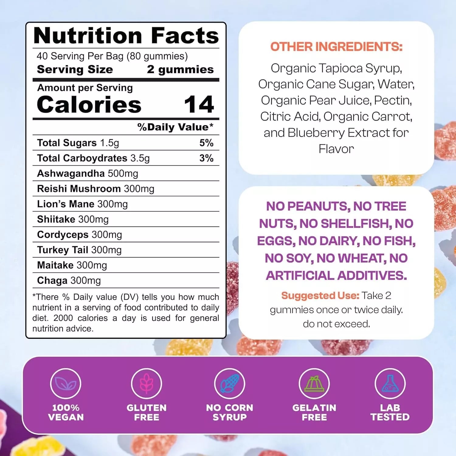 Supplement facts of mushroom gummies with Ashwagandha – 500mg Ashwagandha, 300mg Lion’s Mane, Reishi, Chaga, Cordyceps, Shiitake, Maitake, Turkey Tail – vegan clean formula.