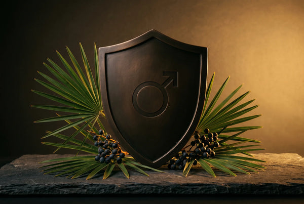 Dark shield emblem representing saw palmetto and zinc support for men's prostate and testosterone health