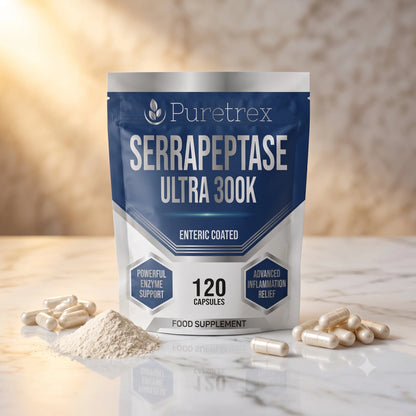 A stand-up pouch of Puretrex Serrapeptase Ultra 300K food supplement capsules, shown on a marble surface with capsules and powder scattered around it. The package is blue, white, and silver, with the brand name Puretrex clearly visible.