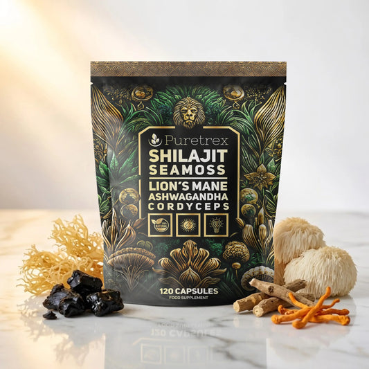 Puretrex Shilajit Seamoss dietary supplement pouch displayed on a marble surface with its raw ingredients, including lion's mane, cordyceps, and black rocks, arranged around the package.