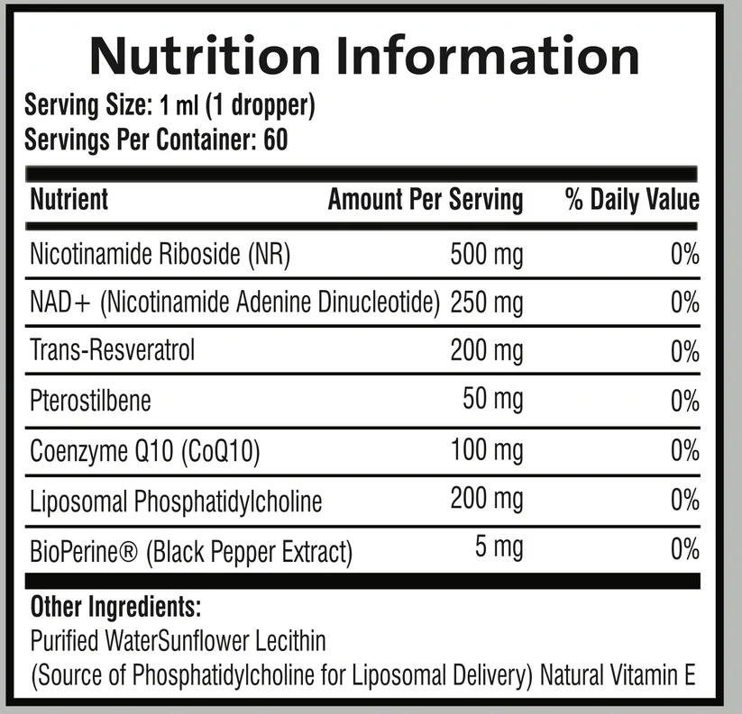 Nutrition information label for a supplement with various active ingredients and their amounts per serving.