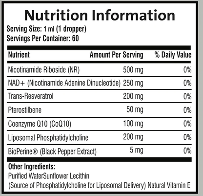 Nutrition information label for a supplement with various active ingredients and their amounts per serving.