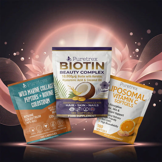 PURETREX Inner Glow Stack bundle featuring Biotin Beauty Complex, Wild Marine Collagen Peptides with Bovine Colostrum and Liposomal Vitamin C softgels for hair skin and nails