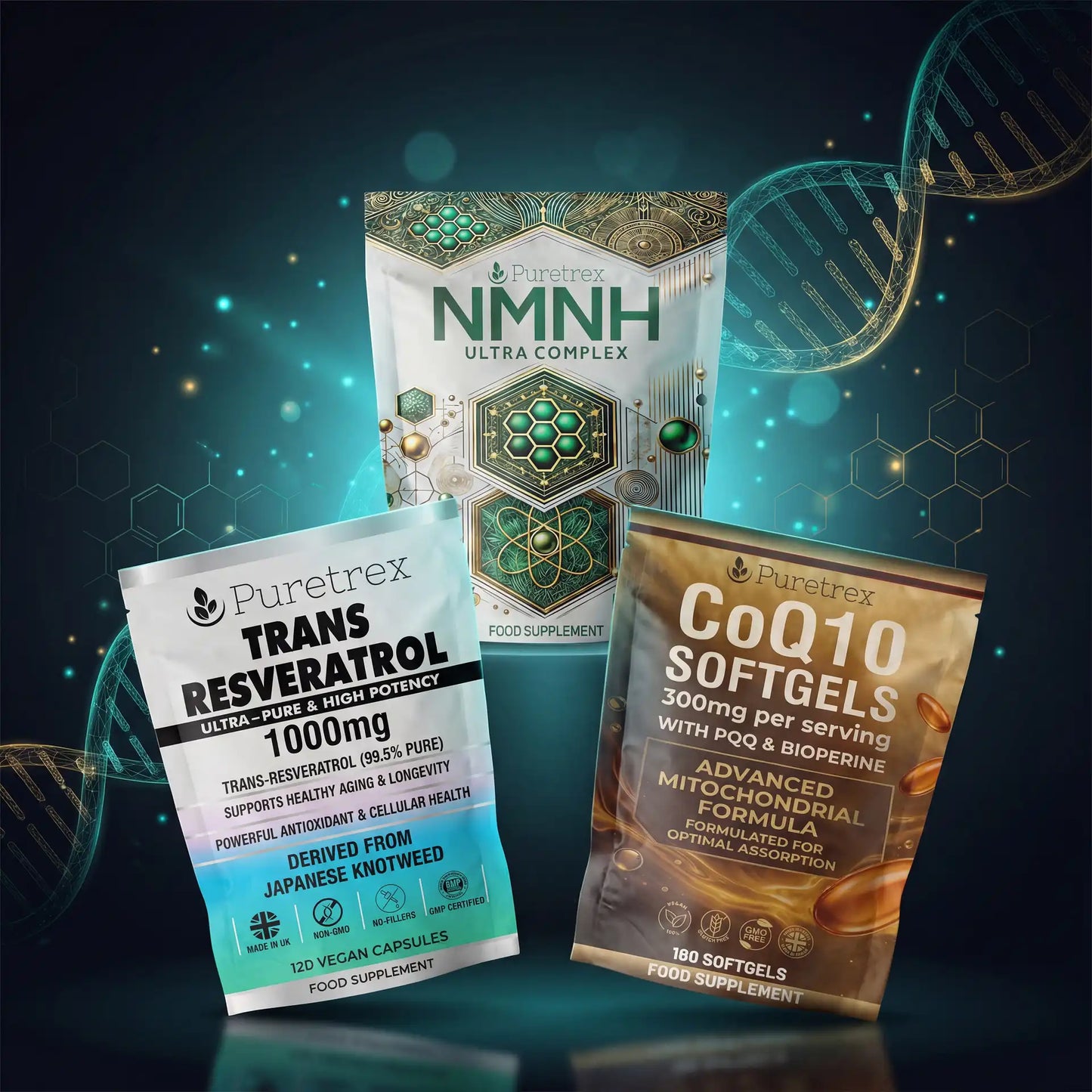 PURETREX Cellular Fountain Stack bundle featuring NMNH Ultra Complex, Trans Resveratrol 1000mg and CoQ10 300mg softgels for cellular health and antioxidant support