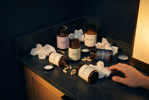 Messy collection of open supplement bottles on nightstand illustrating the need for an all-in-one pumpkin seed oil formula