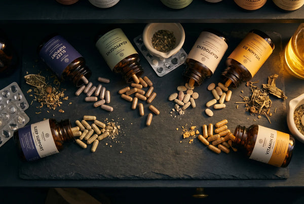 Open supplement bottles with capsules spilling on dark surface — all-in-one formula PURETREX Shilajit Sea Moss supplement