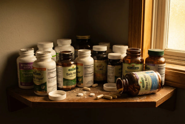 Cluttered shelf of multiple supplement bottles illustrating the need for an all-in-one D3 K2 formula