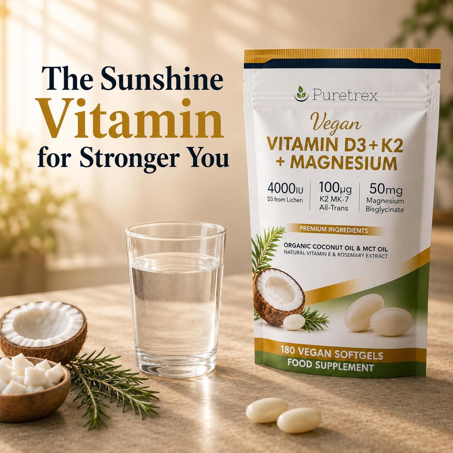 Vegan Vitamin D3 4000IU + K2 100μg MK-7 + Magnesium | 180 Softgels