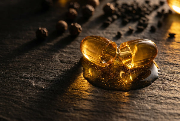 Dark softgel capsules with black peppercorns illustrating BioPerine enhanced nutrient absorption