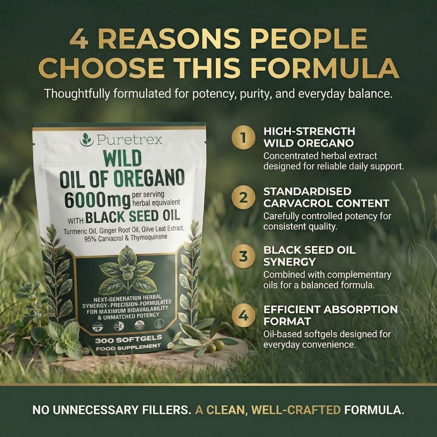 PURETREX Wild Oil of Oregano 6000mg – 4 reasons people choose this formula including high-strength oregano, standardised carvacrol and black seed oil synergy
