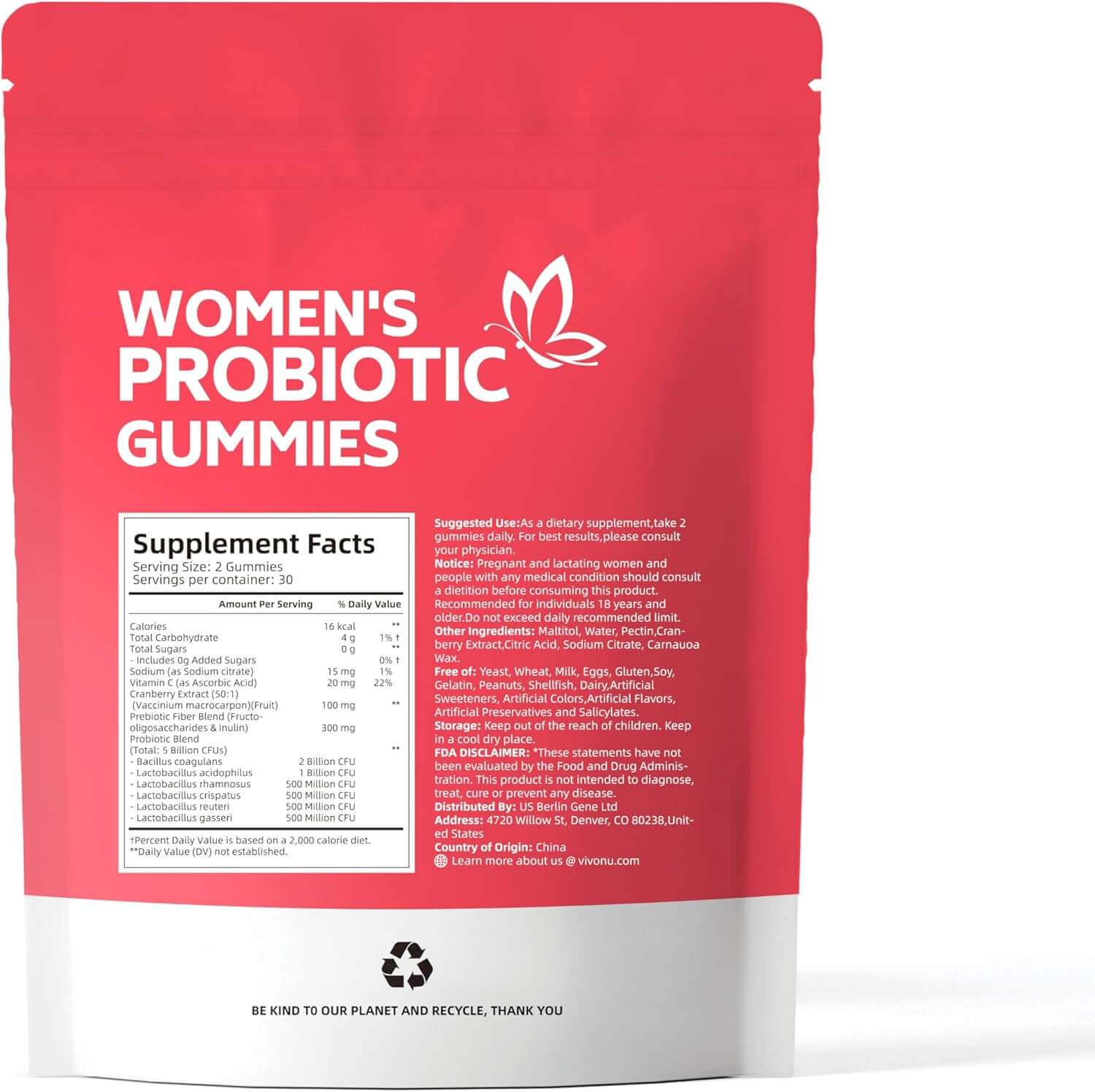 Back side packaging of women's probiotic gummies pouch showing label and design details.
