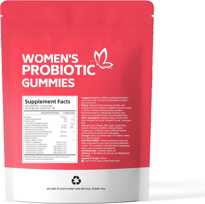 Back side packaging of women's probiotic gummies pouch showing label and design details.