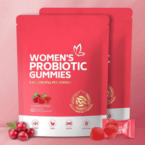 Women's probiotic gummies in cranberry flavor, 60 gummies pouch with cranberries and gummy pieces in front.