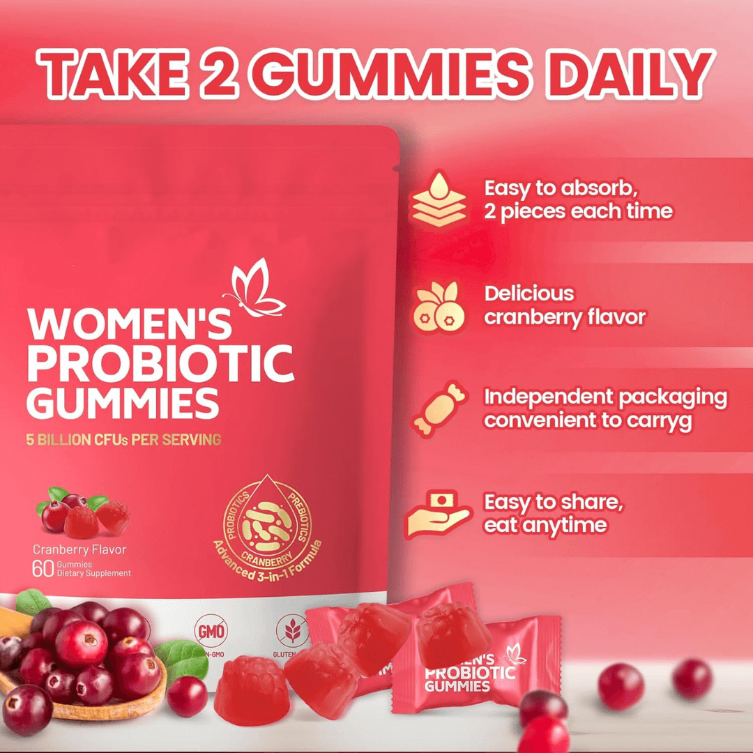 Instruction image showing to take 2 cranberry flavor probiotic gummies daily for women's health.