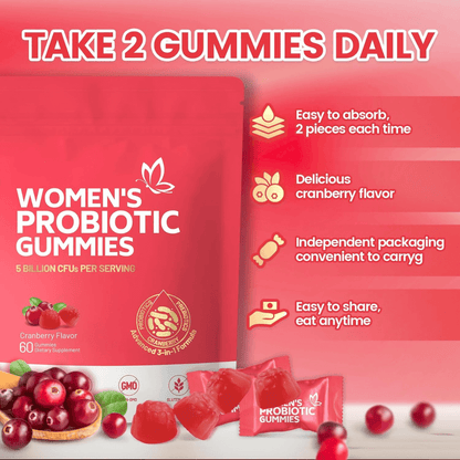 Instruction image showing to take 2 cranberry flavor probiotic gummies daily for women's health.