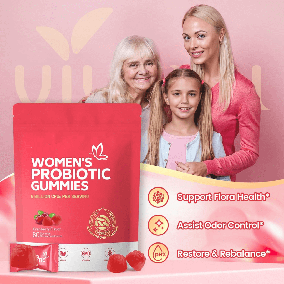 Mother and daughter smiling while holding women's probiotic gummies pouch, promoting family health.