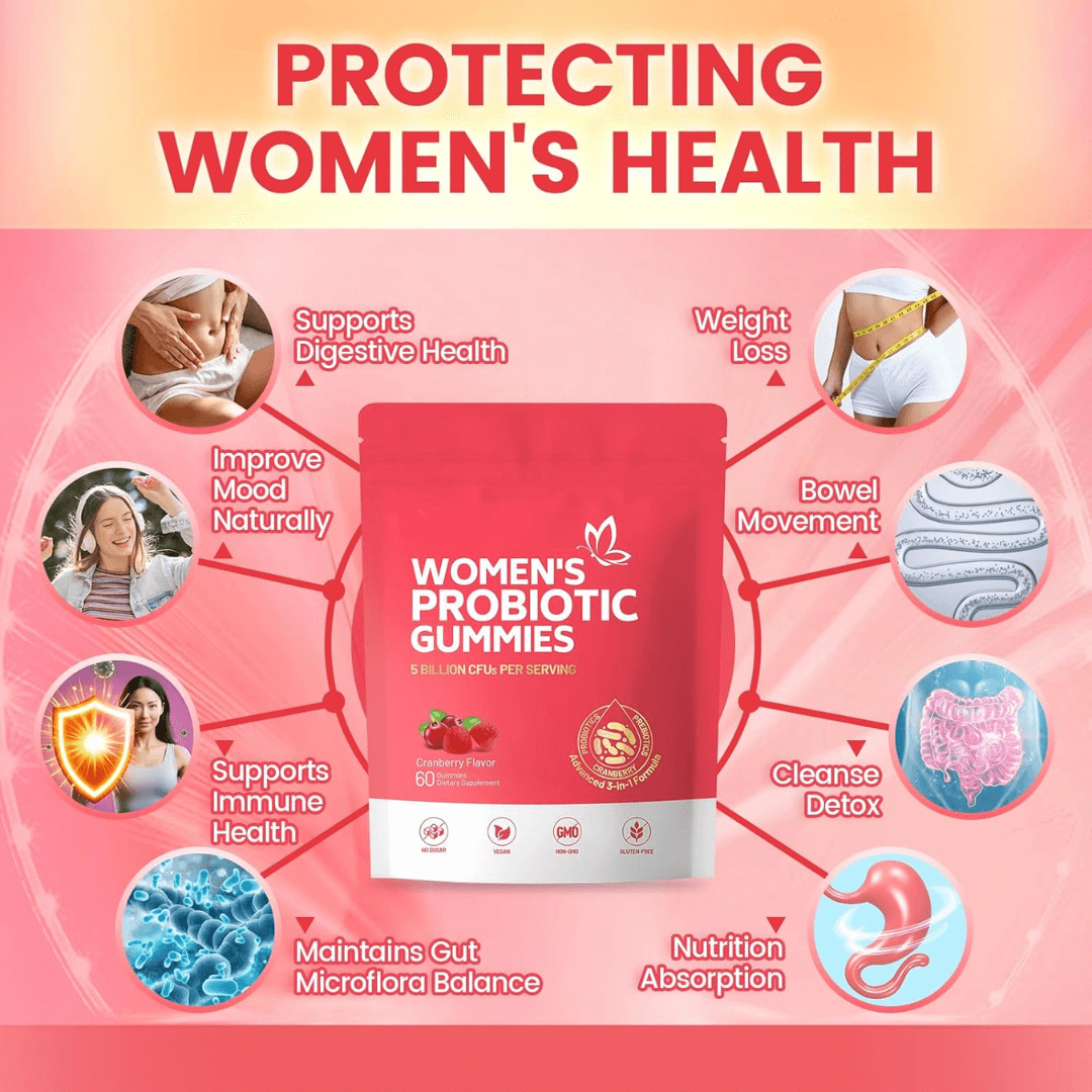 Infographic showing women's probiotic gummies benefits for digestion, immunity, vaginal health, and urinary tract support.