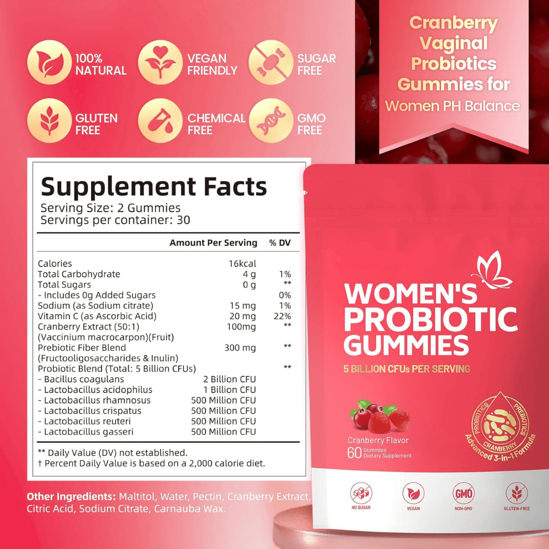 Supplement facts label of women's probiotic gummies with prebiotics, cranberry, and probiotic strains.