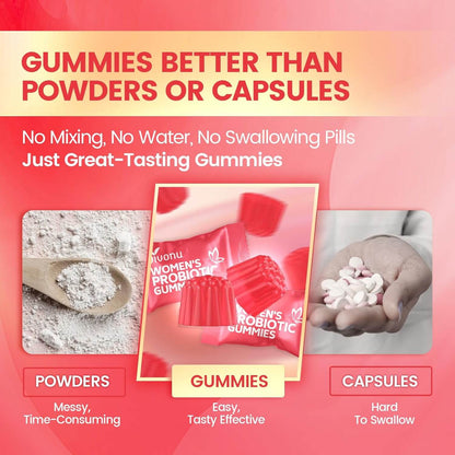 Comparison of gummies, powders, and capsules showing why gummies are more convenient and tasty.