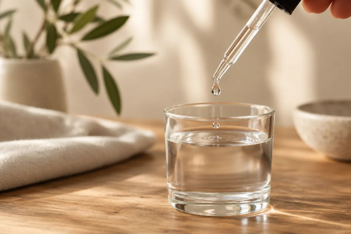 A dropper releasing a drop into a glass of water