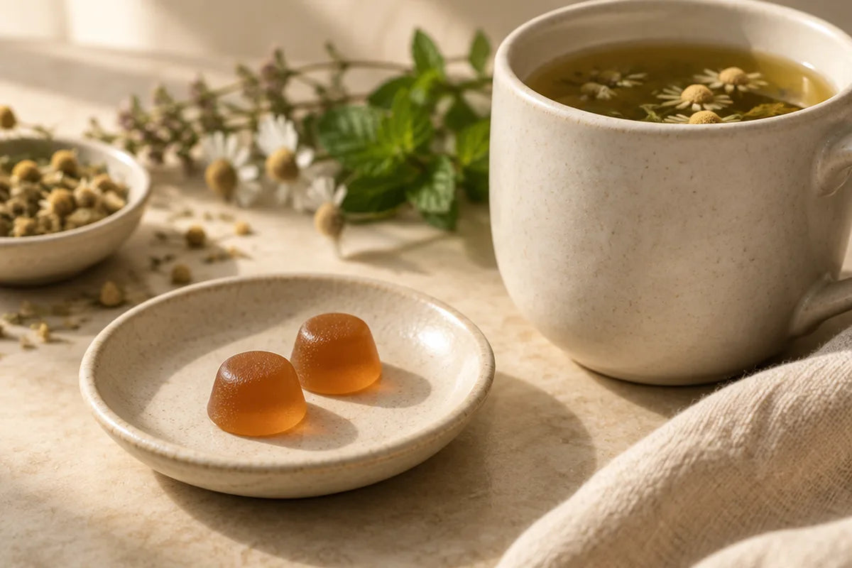 Two gummies on a small plate next to a cup of tea