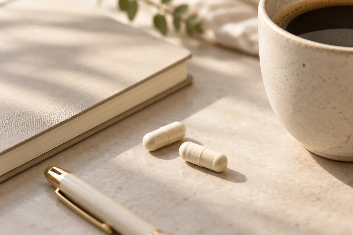 Two capsules on a table next to a notebook, a pen and a cup of coffee