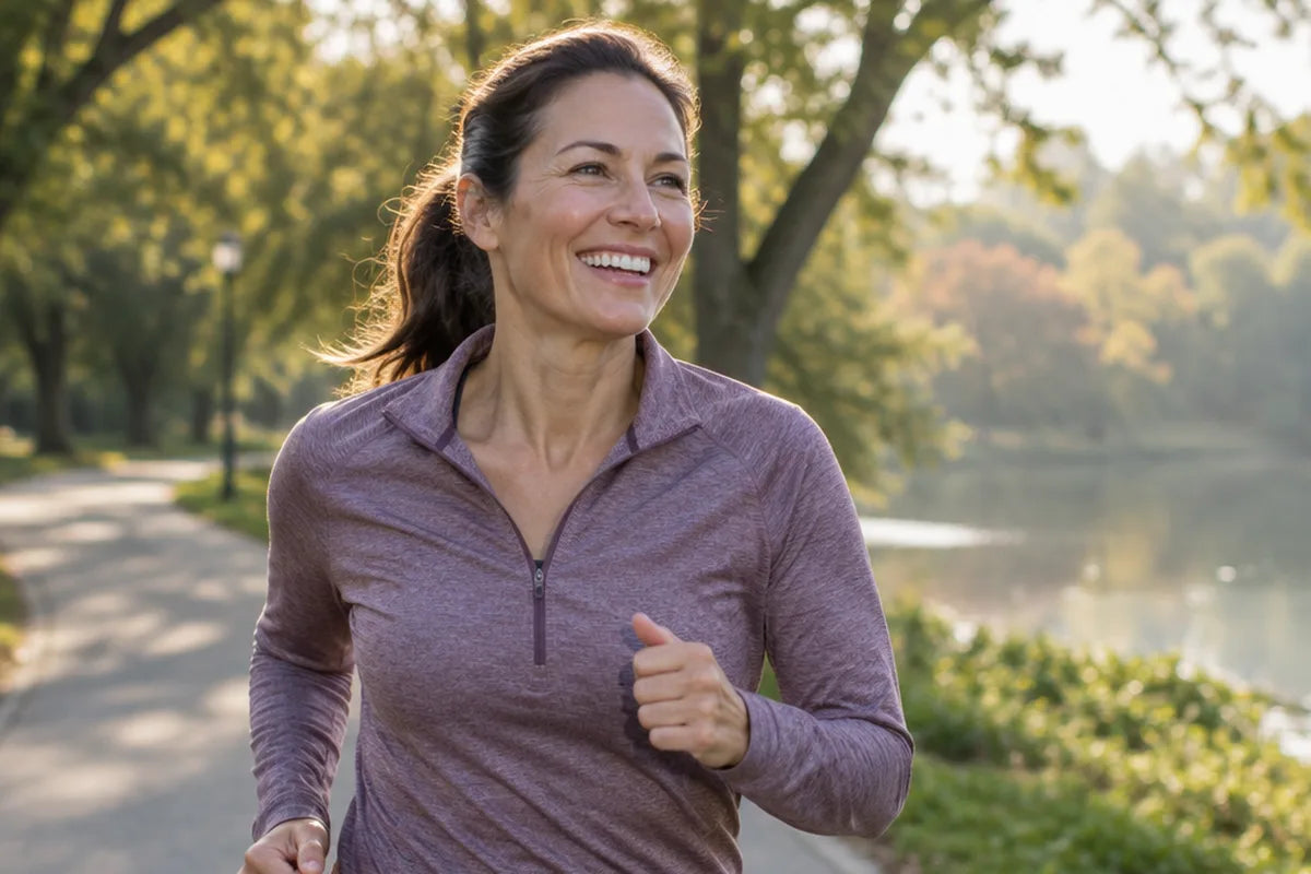 A woman jogging along a riverside path in the morning