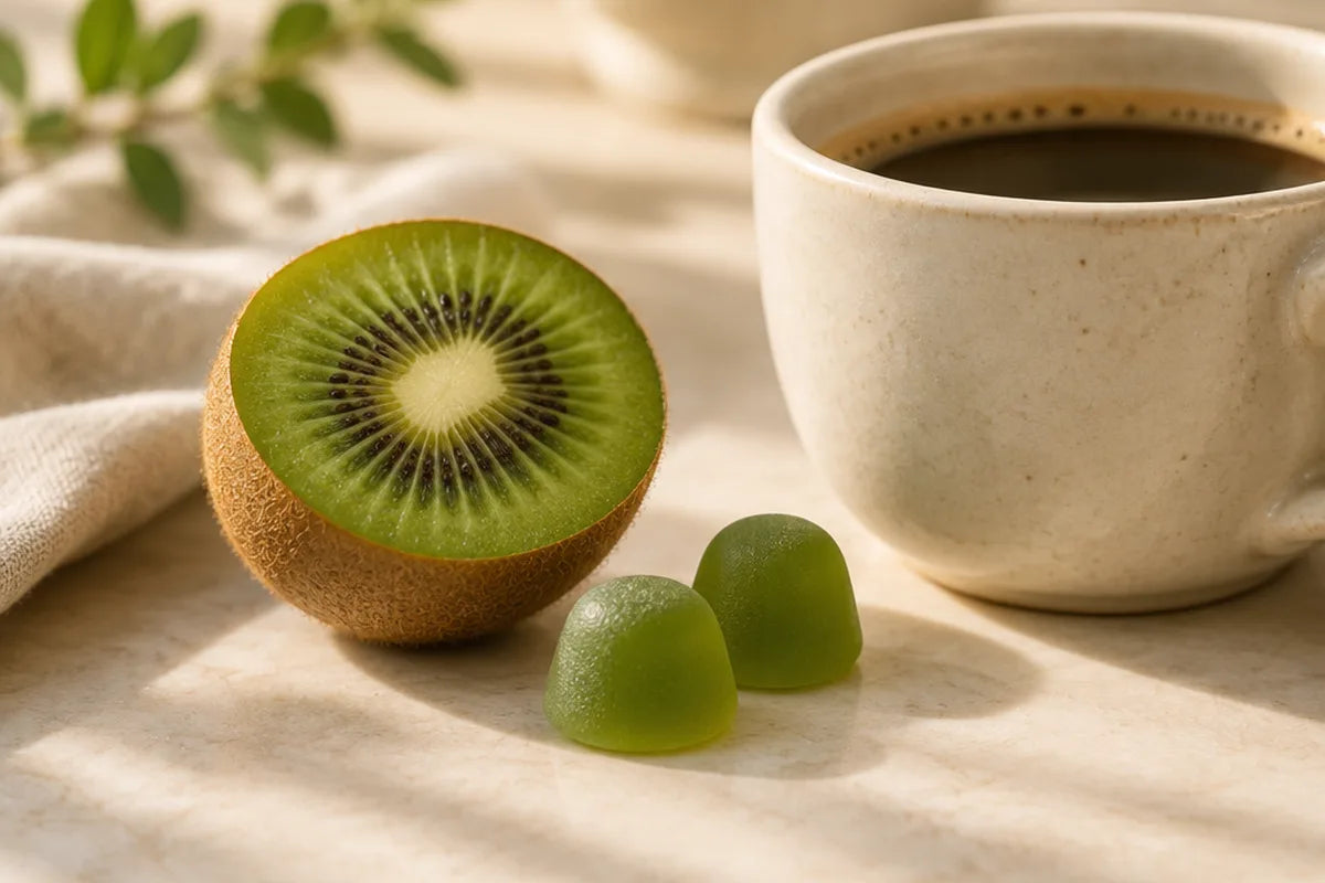 Two green gummies next to half a kiwi and a cup of coffee