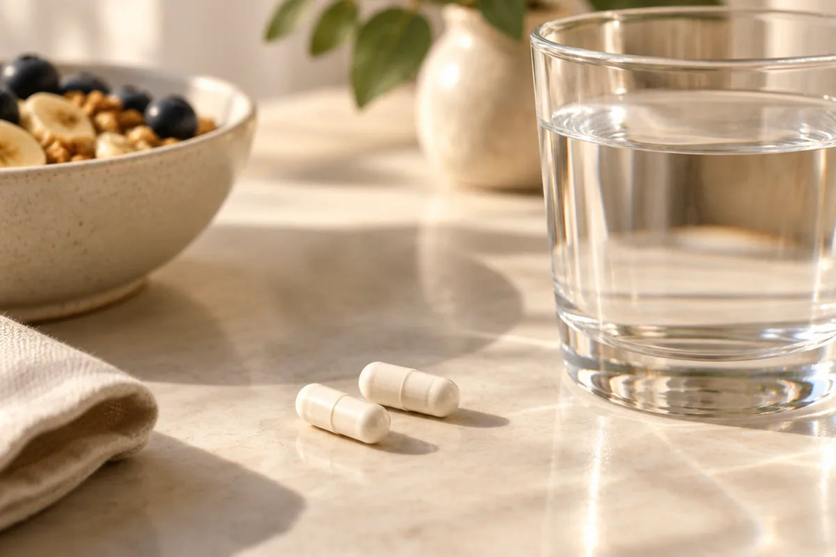 Two capsules next to a glass of water and a bowl of granola with blueberries